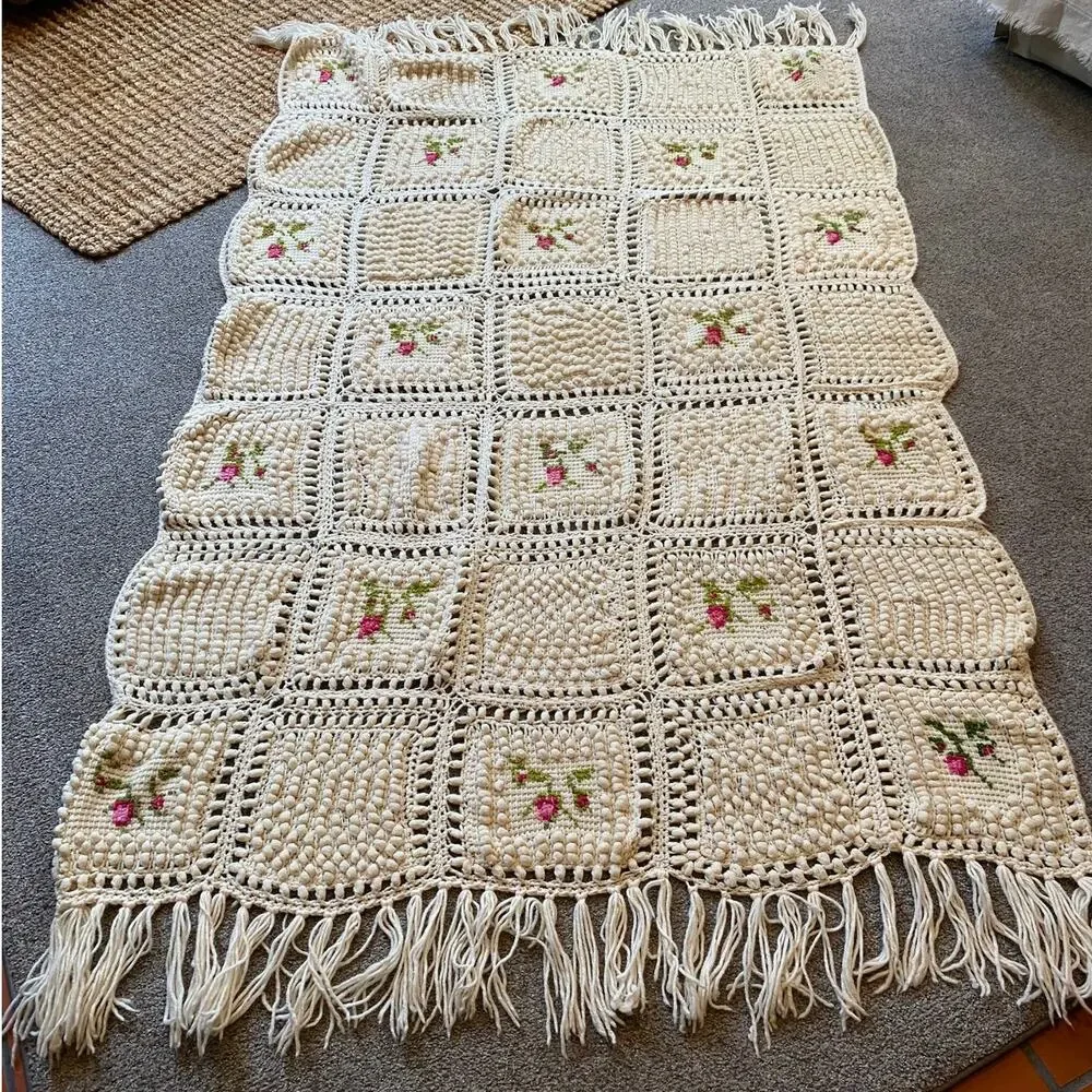 Handmade Grannycore Crochet Rose Ivory Throw Afghan Cottagecore, 50